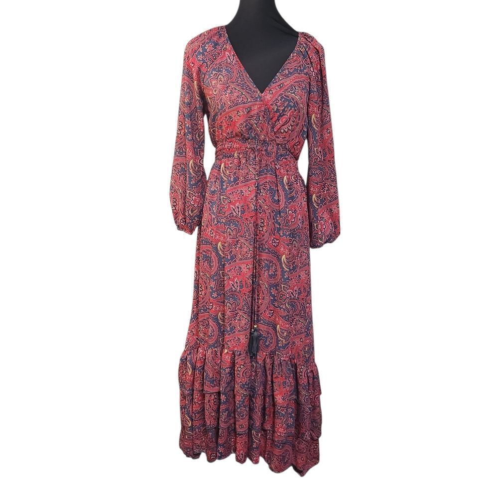 Boemo Anthropologie Maxi Dress Womens Small Paisley Puff Sleeve Tiered Pink Gray